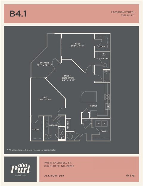 Floor plan for 2 beds, 2 baths, 1357 sqft